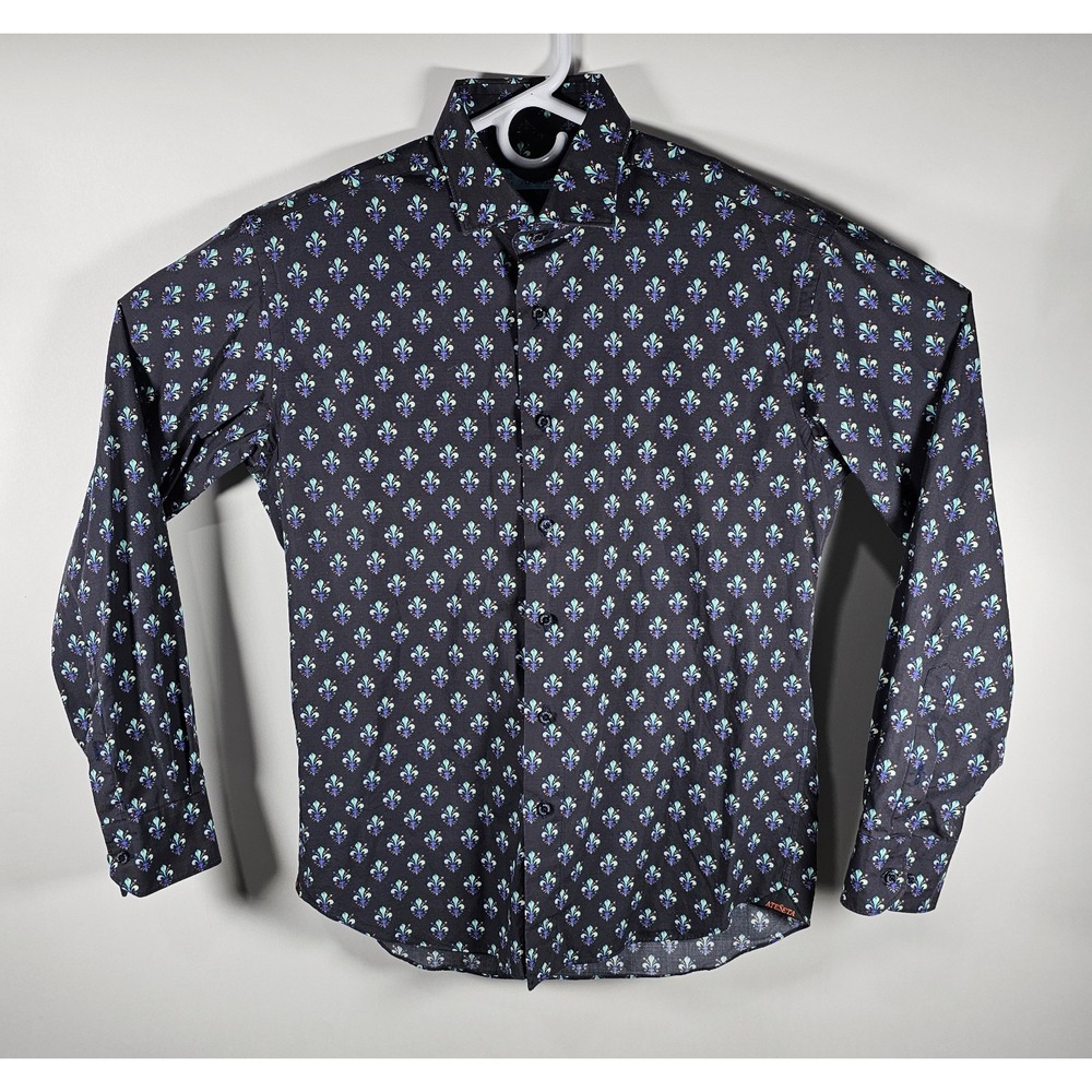 Ateseta Button-Front Men's Size 39 Long Sleeve Dress Shirt Blue Fleur de Lis